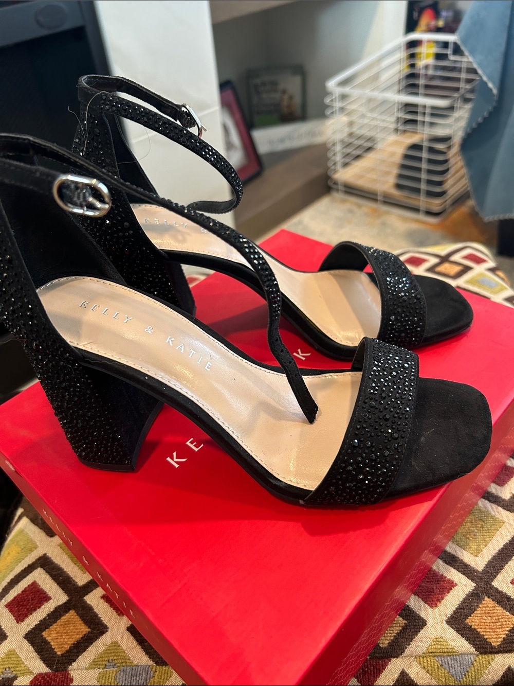 Kelly & Katie Black Crystal-Embellished Block Heel Sandals